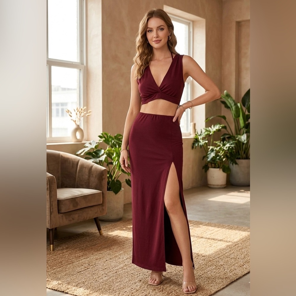 Fashion Nova Burgundy Maxi Dress with Side Slit